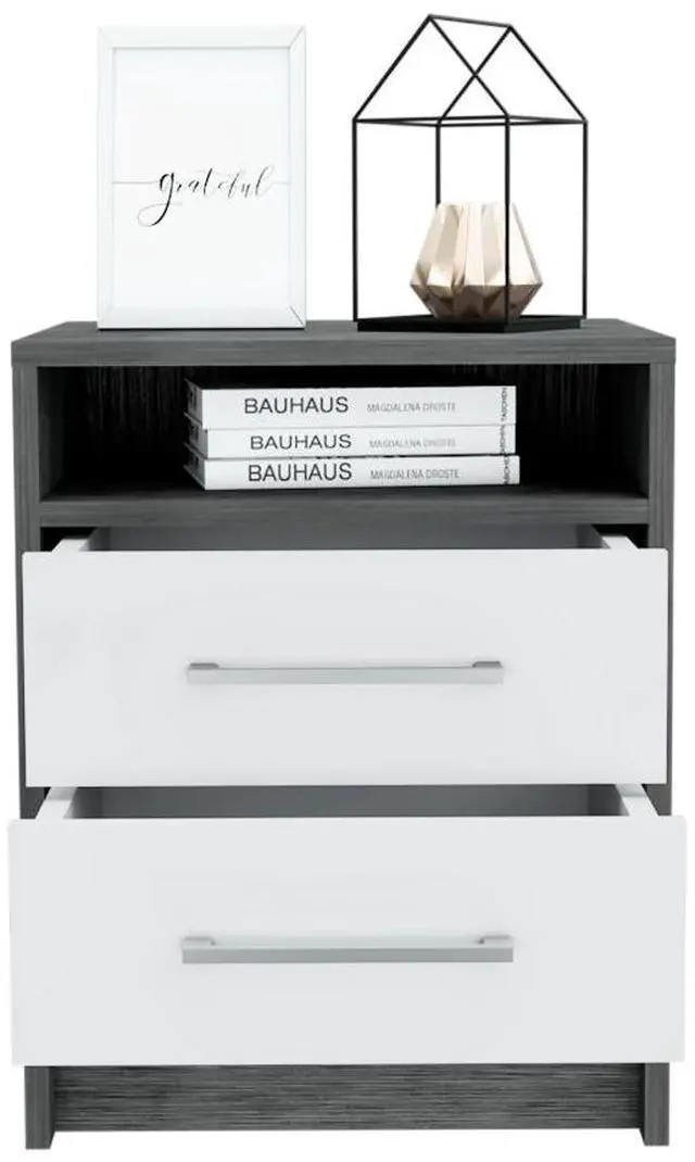 Alt view image 3 of 6 - Nightstand 20"H, Two Drawers, Superior Top, Metal Handles, Smokey Oak / White