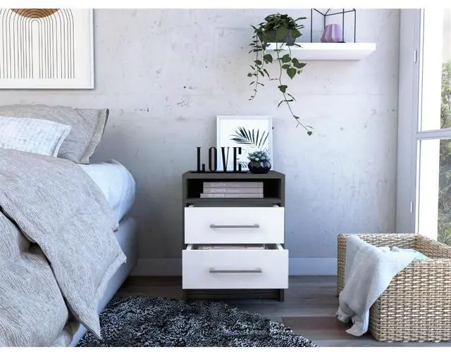 Alt view image 2 of 6 - Nightstand 20"H, Two Drawers, Superior Top, Metal Handles, Smokey Oak / White