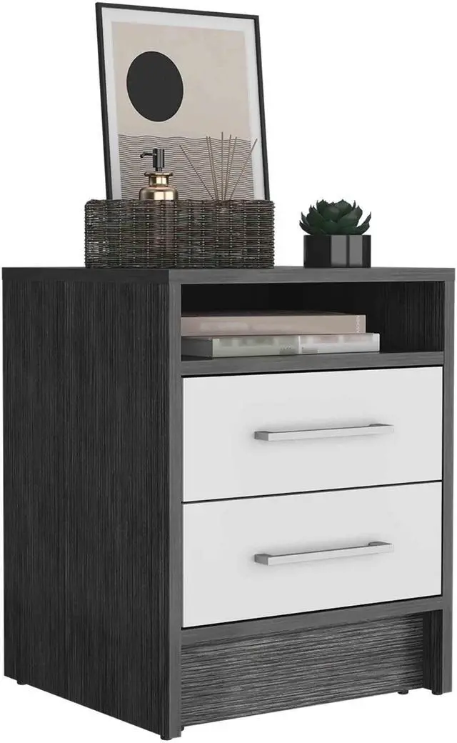 Alt view image 5 of 6 - Nightstand 20"H, Two Drawers, Superior Top, Metal Handles, Smokey Oak / White