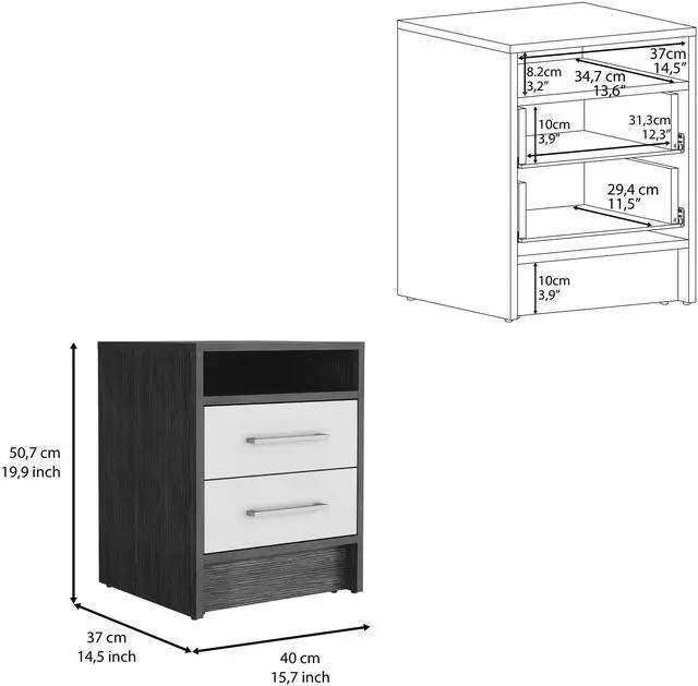 Alt view image 6 of 6 - Nightstand 20"H, Two Drawers, Superior Top, Metal Handles, Smokey Oak / White