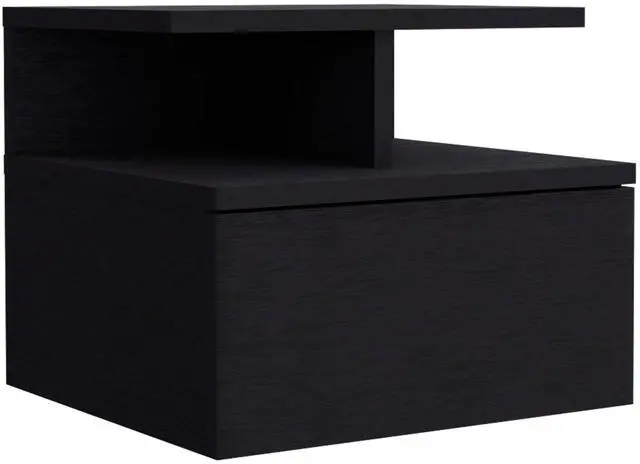 Alt view image 4 of 7 - Floating Nightstand 12"H, Wall Mounted with Single Drawer and 2-Tier Shelf, Black