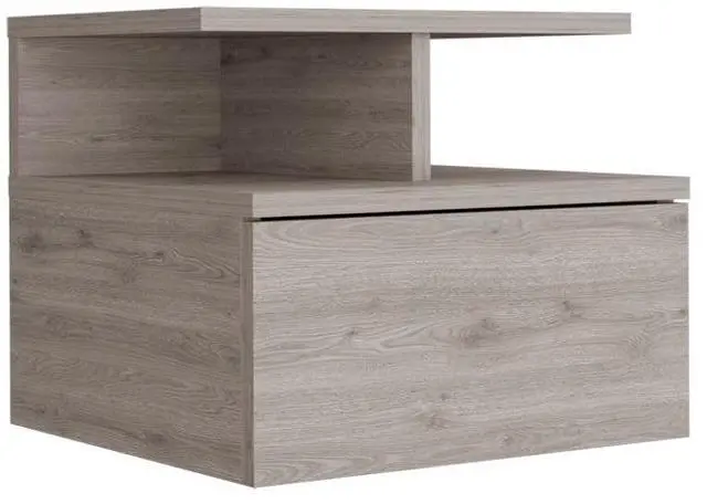 Alt view image 3 of 7 - Floating Nightstand 12"H, Wall Mounted with Single Drawer and 2-Tier Shelf, Light Gray