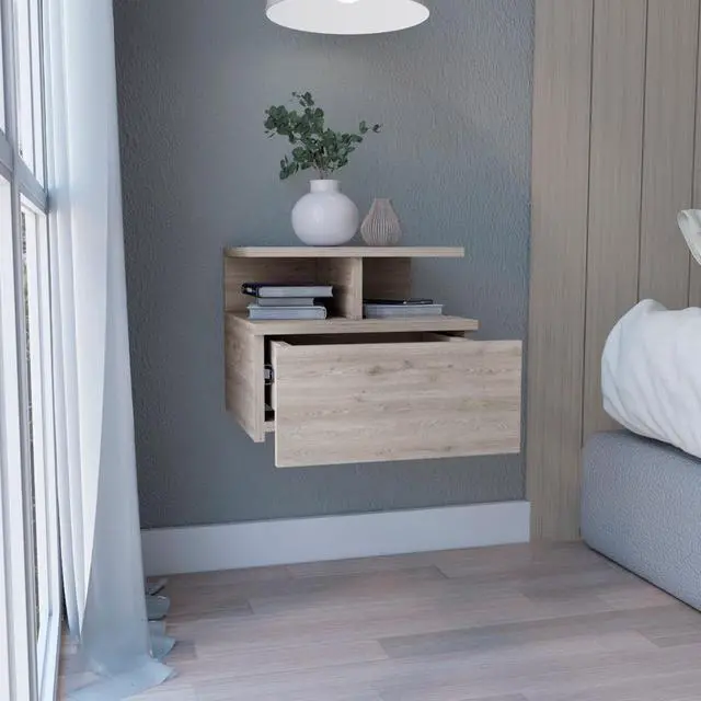 Alt view image 2 of 7 - Floating Nightstand 12"H, Wall Mounted with Single Drawer and 2-Tier Shelf, Light Gray
