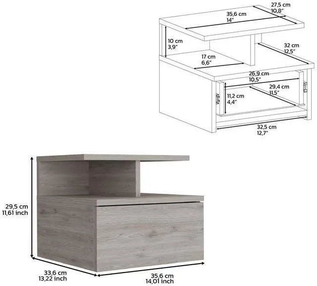 Alt view image 7 of 7 - Floating Nightstand 12"H, Wall Mounted with Single Drawer and 2-Tier Shelf, Light Gray