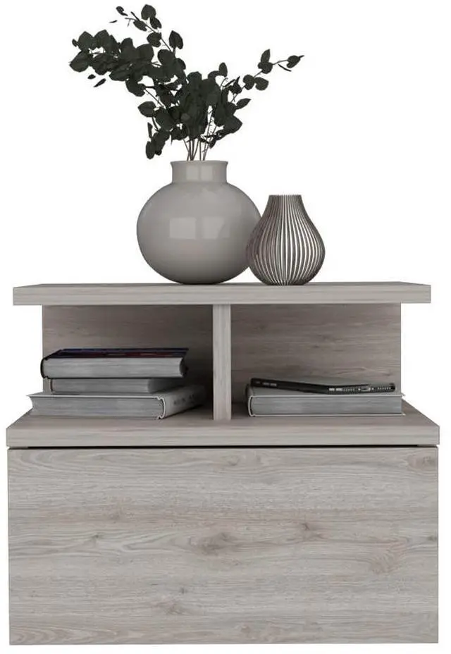 Alt view image 6 of 7 - Floating Nightstand 12"H, Wall Mounted with Single Drawer and 2-Tier Shelf, Light Gray