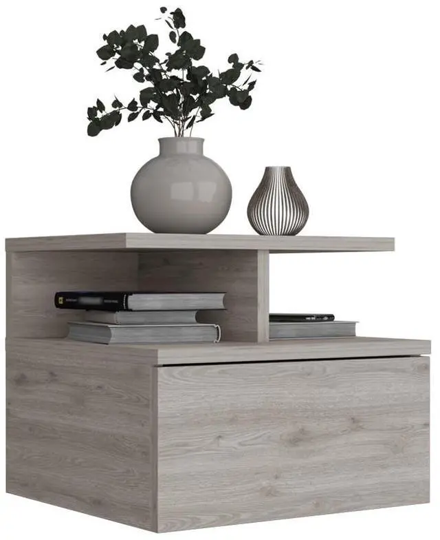 Alt view image 5 of 7 - Floating Nightstand 12"H, Wall Mounted with Single Drawer and 2-Tier Shelf, Light Gray