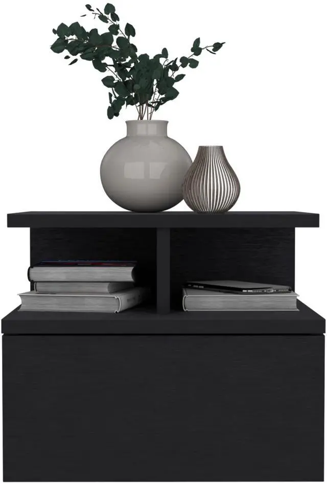 Alt view image 5 of 7 - Floating Nightstand 12"H, Wall Mounted with Single Drawer and 2-Tier Shelf, Black