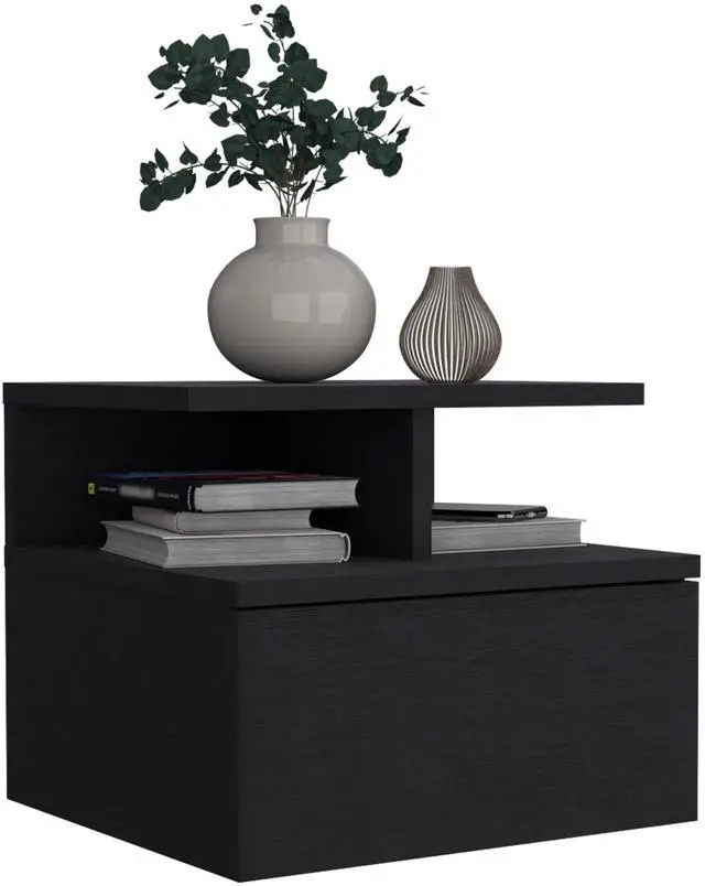 Alt view image 6 of 7 - Floating Nightstand 12"H, Wall Mounted with Single Drawer and 2-Tier Shelf, Black