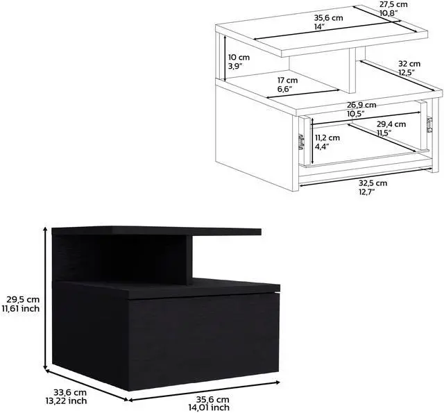 Alt view image 7 of 7 - Floating Nightstand 12"H, Wall Mounted with Single Drawer and 2-Tier Shelf, Black