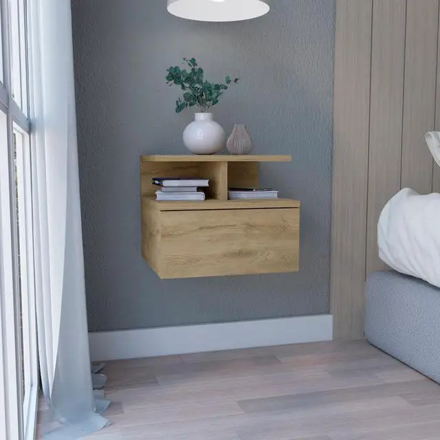 Main image of Floating Nightstand 12"H, Wall Mounted with Single Drawer and 2-Tier Shelf, Macadamia