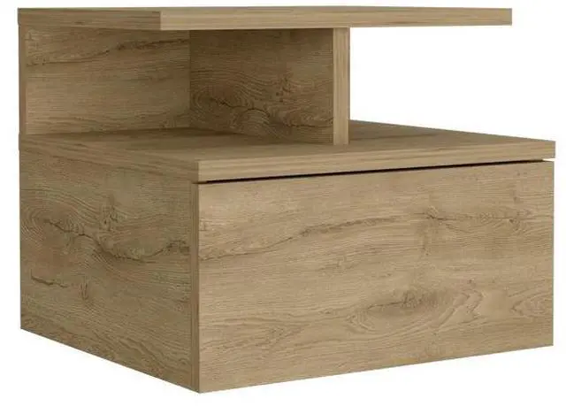 Alt view image 3 of 7 - Floating Nightstand 12"H, Wall Mounted with Single Drawer and 2-Tier Shelf, Macadamia