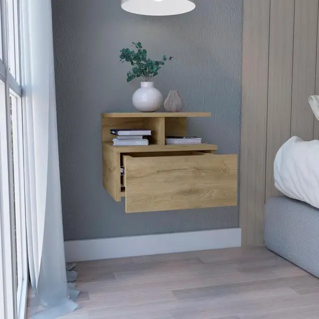 Alt view image 2 of 7 - Floating Nightstand 12"H, Wall Mounted with Single Drawer and 2-Tier Shelf, Macadamia