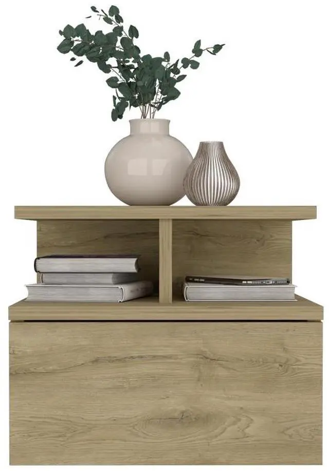 Alt view image 5 of 7 - Floating Nightstand 12"H, Wall Mounted with Single Drawer and 2-Tier Shelf, Macadamia