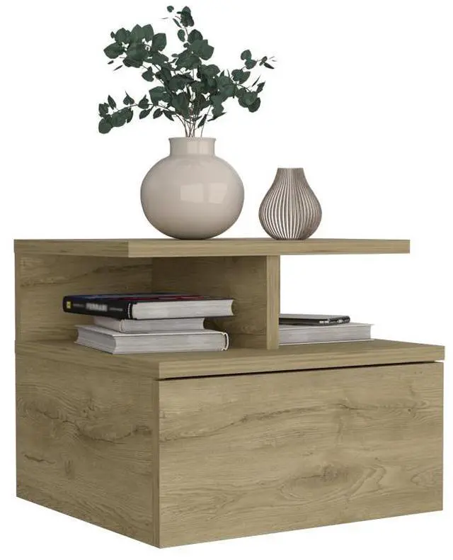 Alt view image 6 of 7 - Floating Nightstand 12"H, Wall Mounted with Single Drawer and 2-Tier Shelf, Macadamia