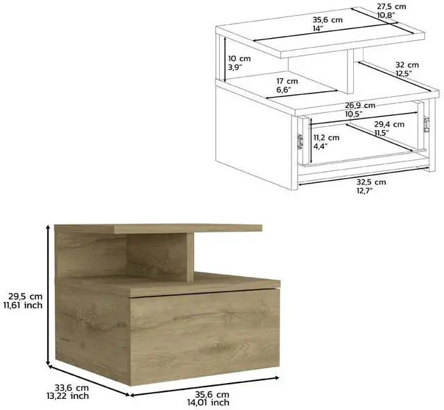 Alt view image 7 of 7 - Floating Nightstand 12"H, Wall Mounted with Single Drawer and 2-Tier Shelf, Macadamia