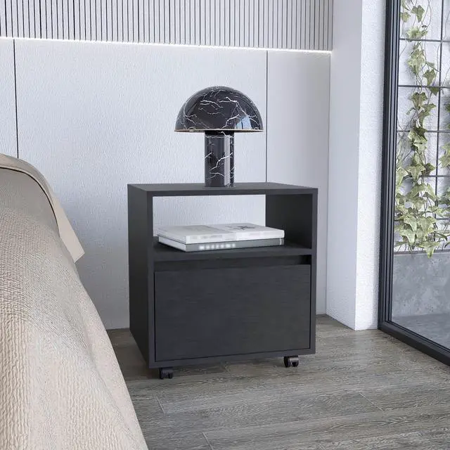 Main image of Nightstand 20"H, with One Open Shelf, 1 Drawer and Casters, Black