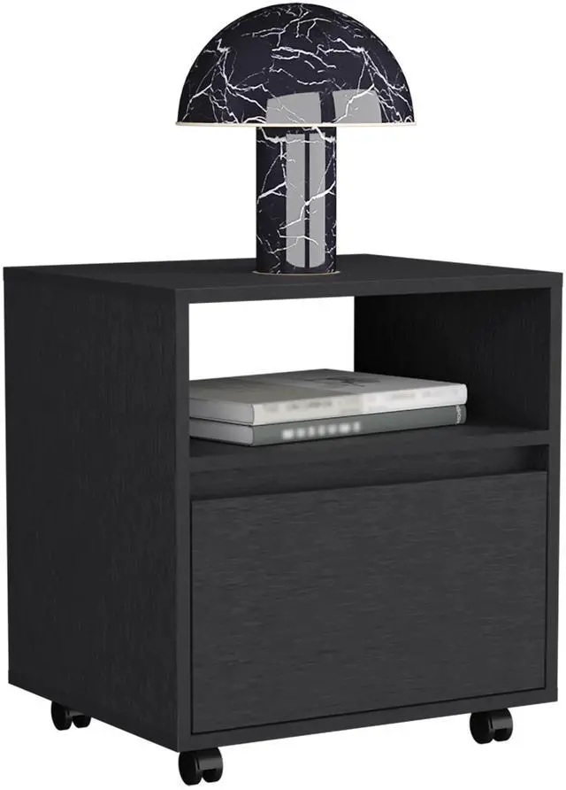 Alt view image 5 of 7 - Nightstand 20"H, with One Open Shelf, 1 Drawer and Casters, Black