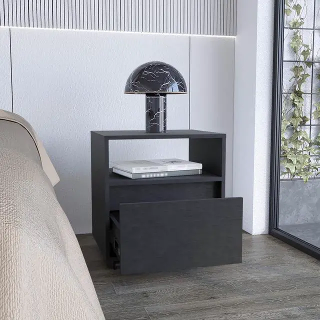 Alt view image 3 of 7 - Nightstand 20"H, with One Open Shelf, 1 Drawer and Casters, Black