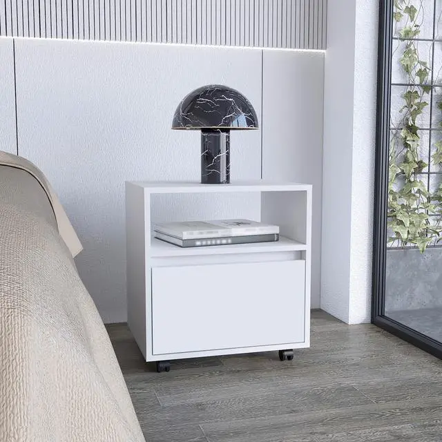 Main image of Nightstand 20"H, with One Open Shelf, 1 Drawer and Casters, White