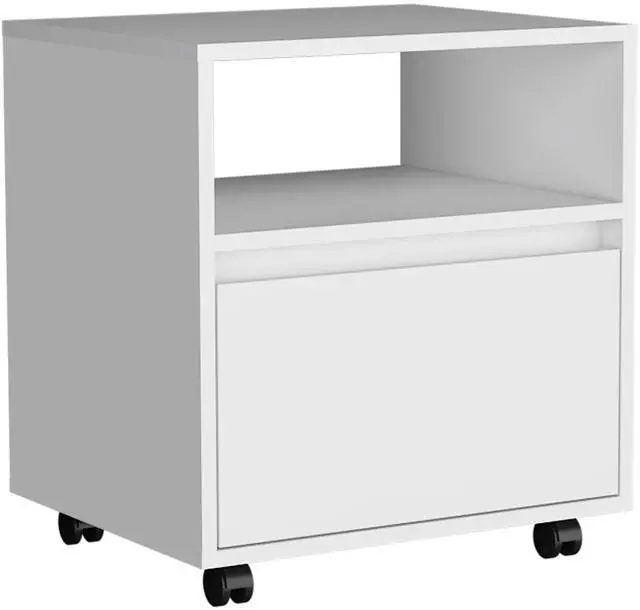 Alt view image 3 of 7 - Nightstand 20"H, with One Open Shelf, 1 Drawer and Casters, White