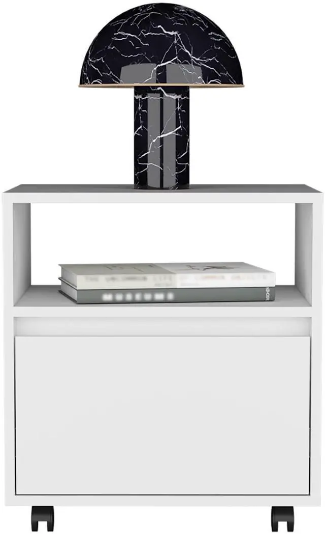 Alt view image 6 of 7 - Nightstand 20"H, with One Open Shelf, 1 Drawer and Casters, White