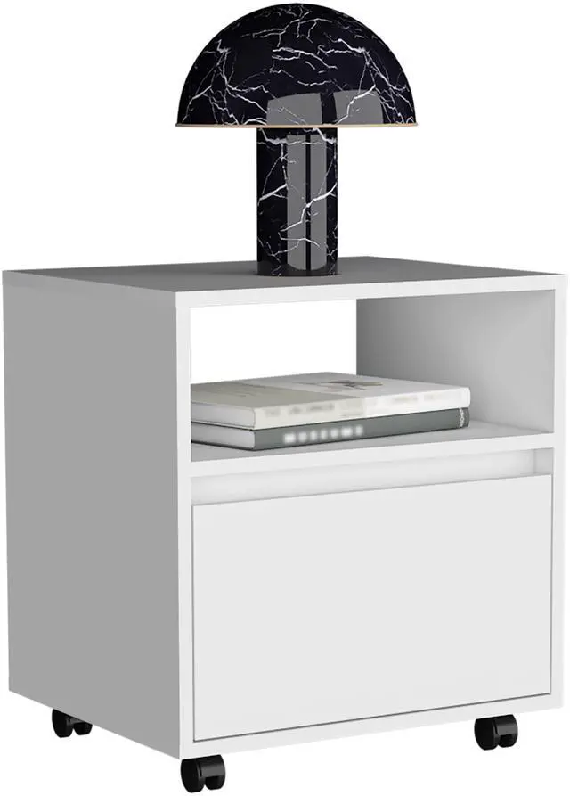 Alt view image 5 of 7 - Nightstand 20"H, with One Open Shelf, 1 Drawer and Casters, White