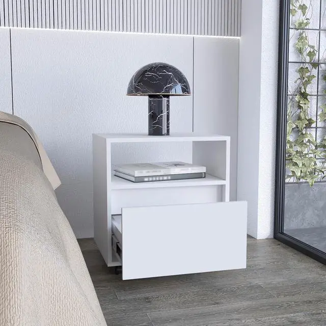 Alt view image 2 of 7 - Nightstand 20"H, with One Open Shelf, 1 Drawer and Casters, White