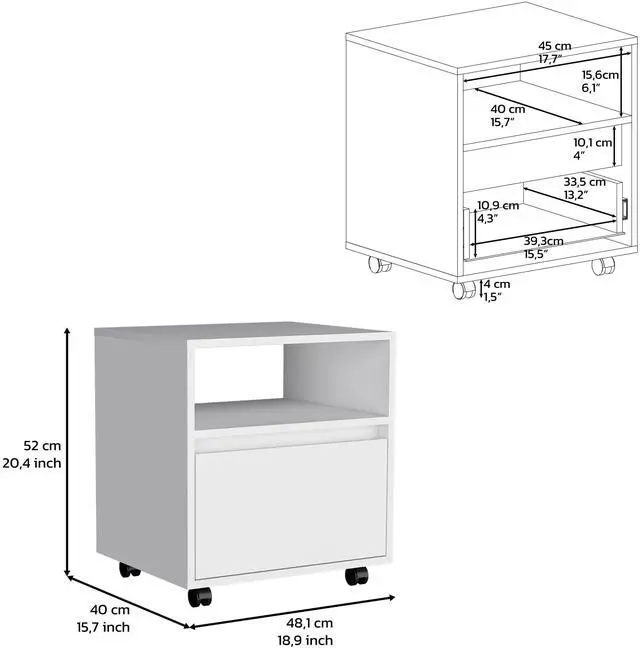 Alt view image 7 of 7 - Nightstand 20"H, with One Open Shelf, 1 Drawer and Casters, White