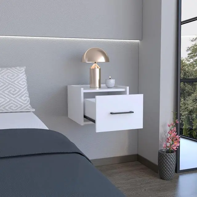 Main image of Floating Nightstand, Space-Saving Design with Handy Drawer and Surface, White