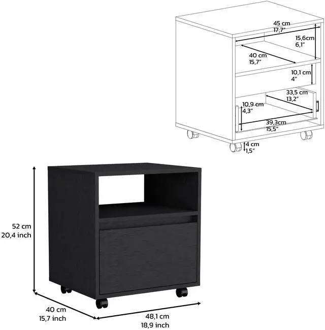 Alt view image 7 of 7 - Nightstand 20"H, with One Open Shelf, 1 Drawer and Casters, Black