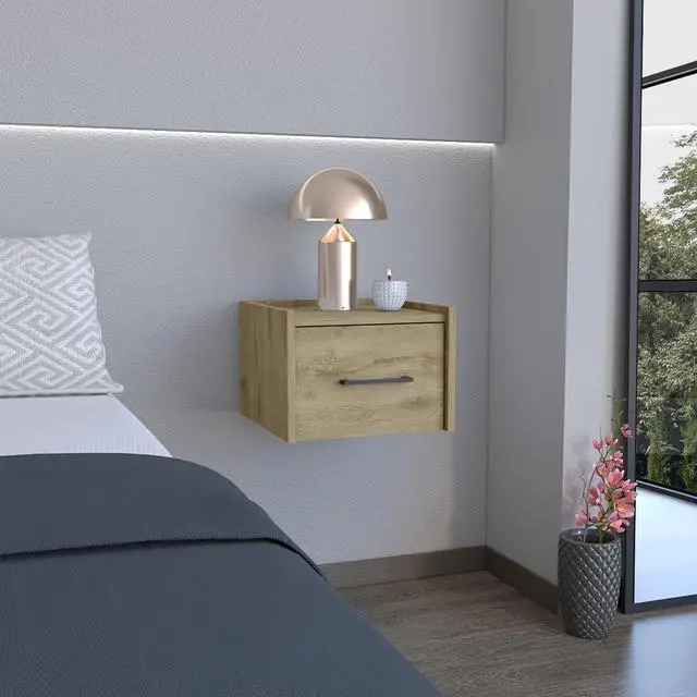 Main image of Floating Nightstand, Space-Saving Design with Handy Drawer and Surface, Macadamia