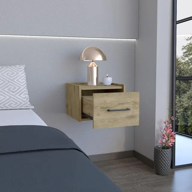 Alt view image 3 of 7 - Floating Nightstand, Space-Saving Design with Handy Drawer and Surface, Macadamia