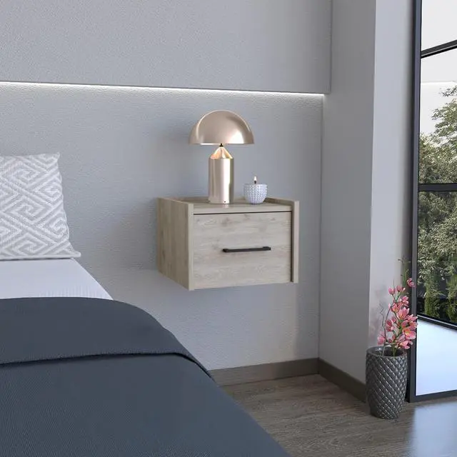 Main image of Floating Nightstand, Space-Saving Design with Handy Drawer and Surface, Light Gray