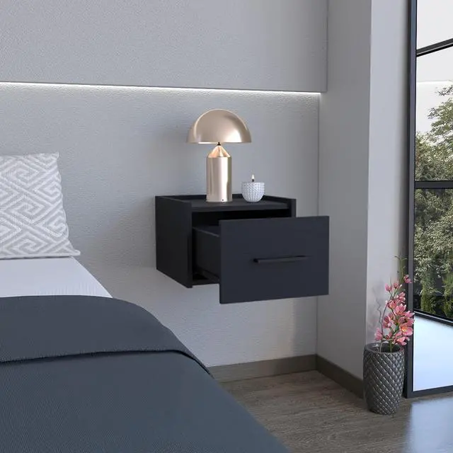 Alt view image 3 of 7 - Floating Nightstand, Space-Saving Design with Handy Drawer and Surface, Black