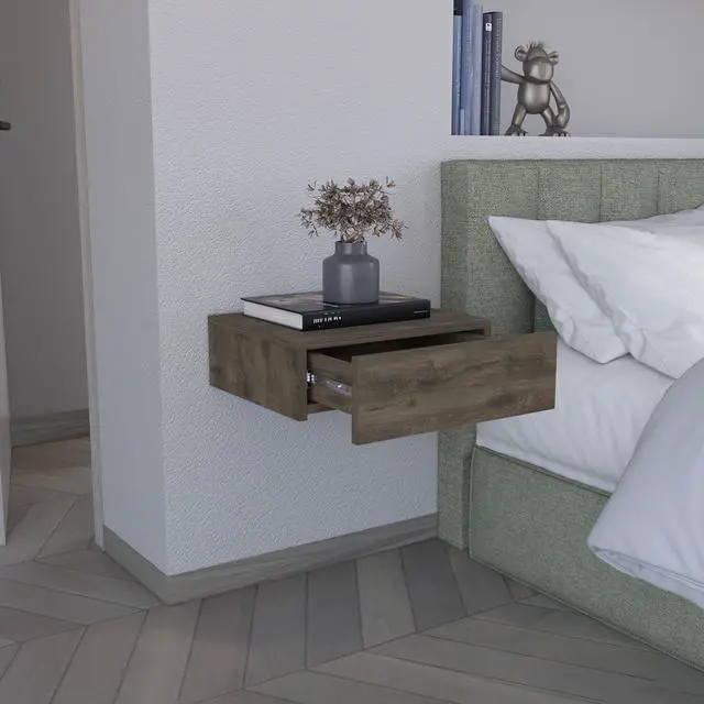 Alt view image 3 of 7 - Floating Nightstand 5"H, Modern Wall-Mounted Bedside Shelf with Drawer, Dark Brown