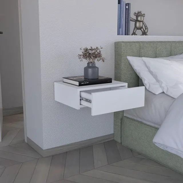 Alt view image 3 of 7 - Floating Nightstand 5"H, Modern Wall-Mounted Bedside Shelf with Drawer, White