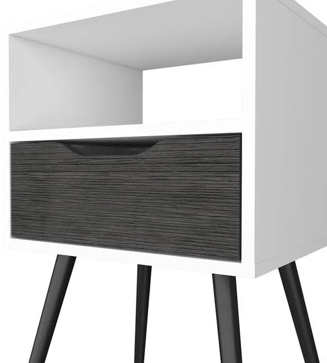 Alt view image 2 of 7 - Nightstand  Fugaz, Open Shelf, Single Drawer, Smokey Oak / White Finish