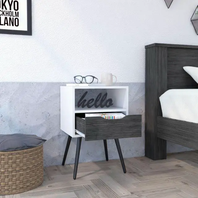 Alt view image 5 of 7 - Nightstand  Fugaz, Open Shelf, Single Drawer, Smokey Oak / White Finish