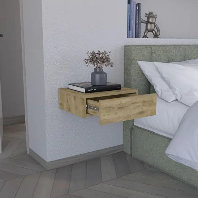 Alt view image 3 of 7 - Floating Nightstand 5"H, Modern Wall-Mounted Bedside Shelf with Drawer, Macadamia