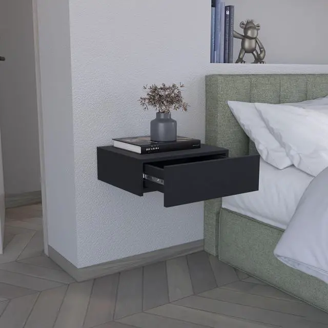 Alt view image 3 of 7 - Floating Nightstand 5"H, Modern Wall-Mounted Bedside Shelf with Drawer, Black