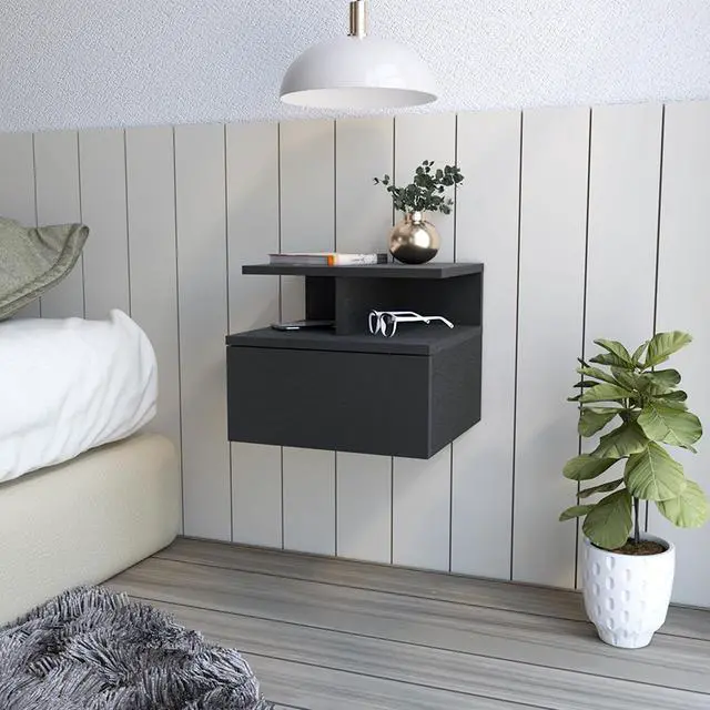 Main image of Floating Nightstand Flopini, One Drawer, Black Wengue Finish