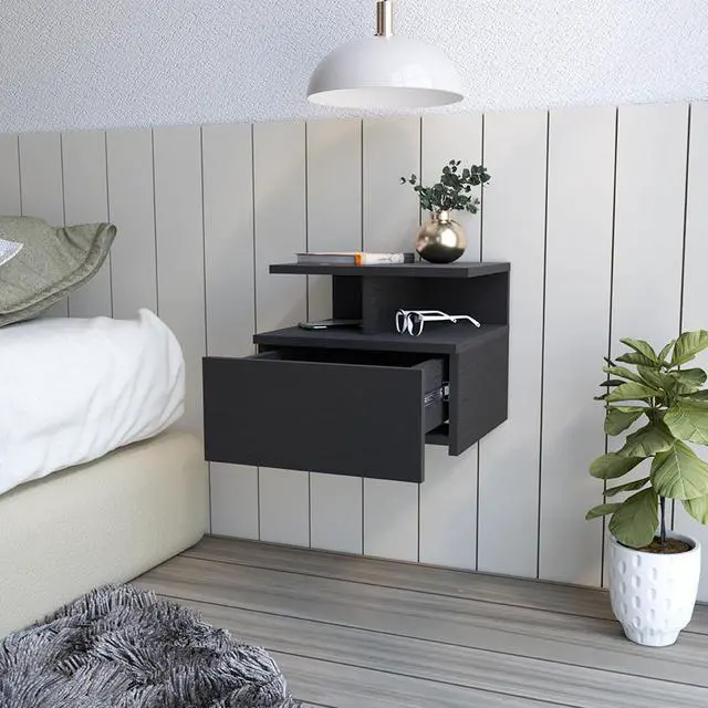 Alt view image 2 of 7 - Floating Nightstand Flopini, One Drawer, Black Wengue Finish