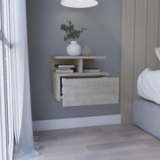 Alt view image 3 of 7 - Floating Nightstand 12"H, Wall Mounted with Single Drawer and 2-Tier Shelf, Concrete Gray