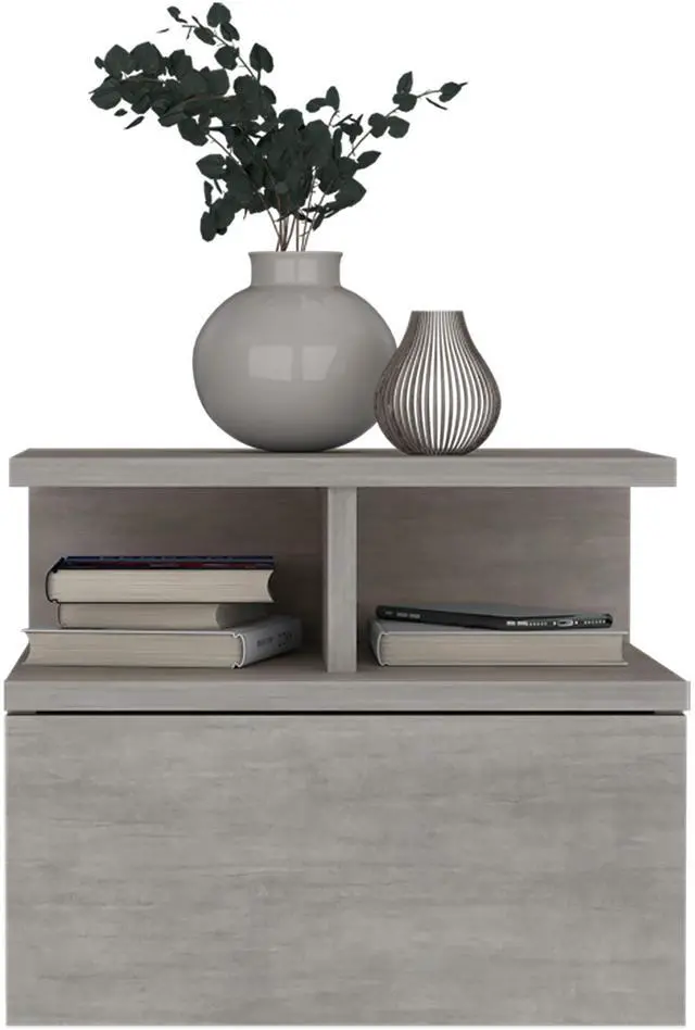 Alt view image 6 of 7 - Floating Nightstand 12"H, Wall Mounted with Single Drawer and 2-Tier Shelf, Concrete Gray
