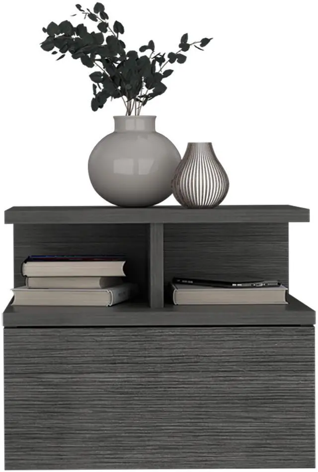 Alt view image 5 of 7 - Floating Nightstand 12"H, Wall Mounted with Single Drawer and 2-Tier Shelf, Smokey Oak