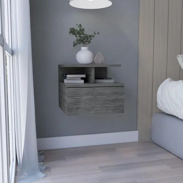 Main image of Floating Nightstand 12"H, Wall Mounted with Single Drawer and 2-Tier Shelf, Smokey Oak