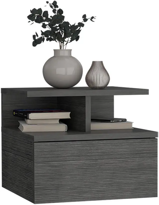 Alt view image 6 of 7 - Floating Nightstand 12"H, Wall Mounted with Single Drawer and 2-Tier Shelf, Smokey Oak