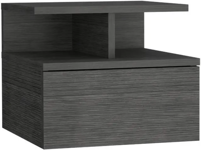 Alt view image 2 of 7 - Floating Nightstand 12"H, Wall Mounted with Single Drawer and 2-Tier Shelf, Smokey Oak