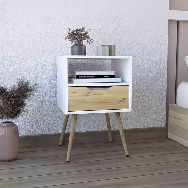 Main image of Nightstand 25"H, Superior Top, Four Legs, One Open Shelf, One Drawer, White / Light Oak