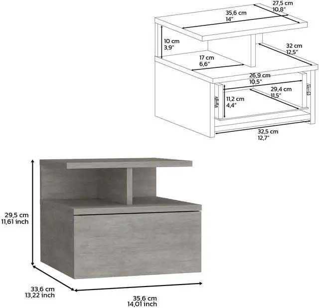 Alt view image 7 of 7 - Floating Nightstand 12"H, Wall Mounted with Single Drawer and 2-Tier Shelf, Concrete Gray
